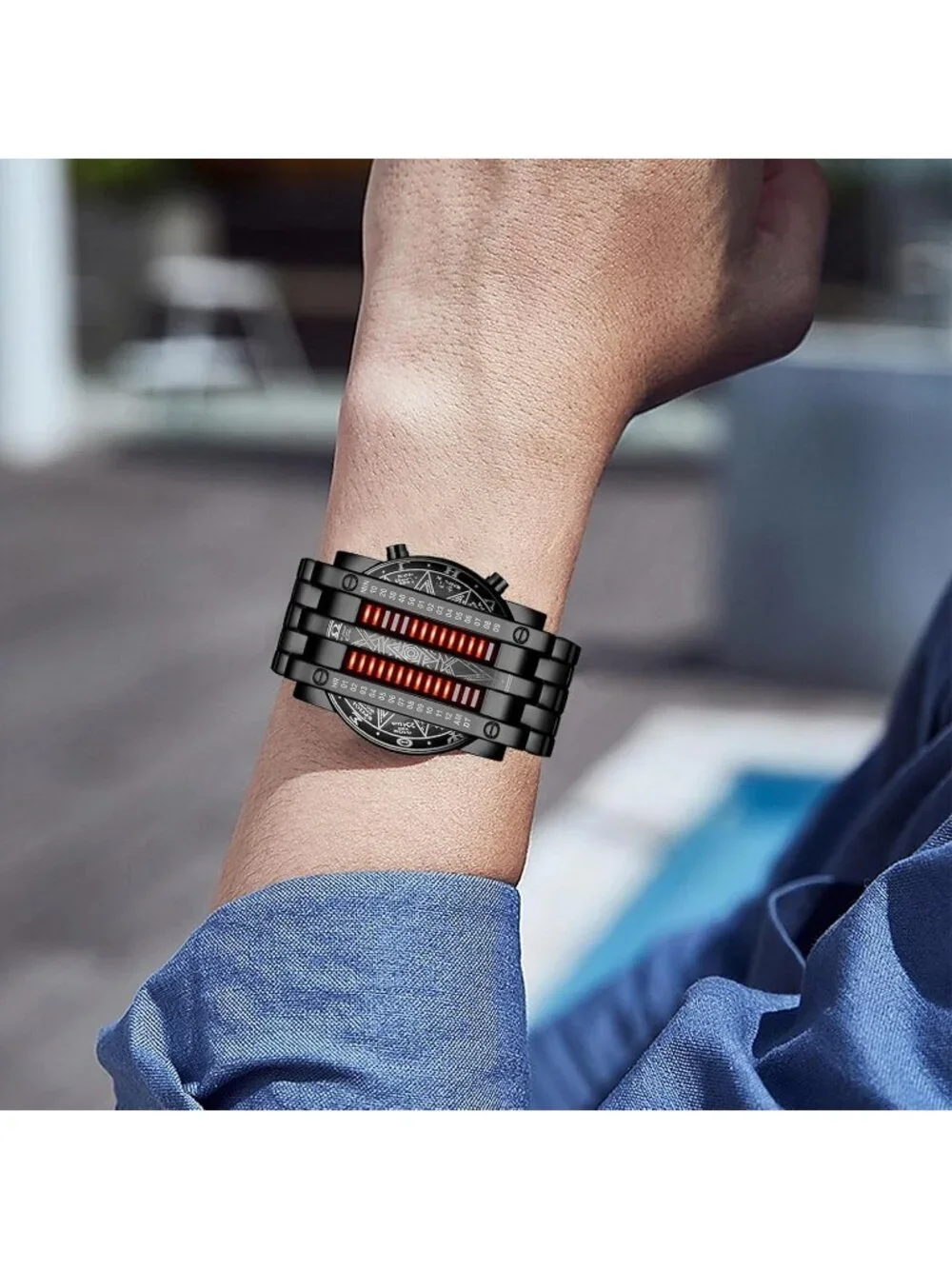 Mens Black Red Analog Quartz Bracelet Waterproof Binary Matrix LED Digital Watch